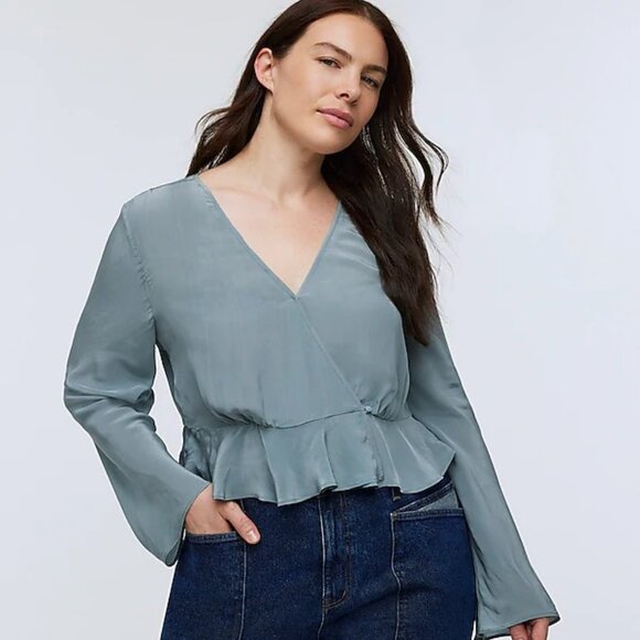 NWT Madewell Long Bell-Sleeve Wrap Top Faded River Blouse Blue Green Sz 14 - Picture 1 of 7